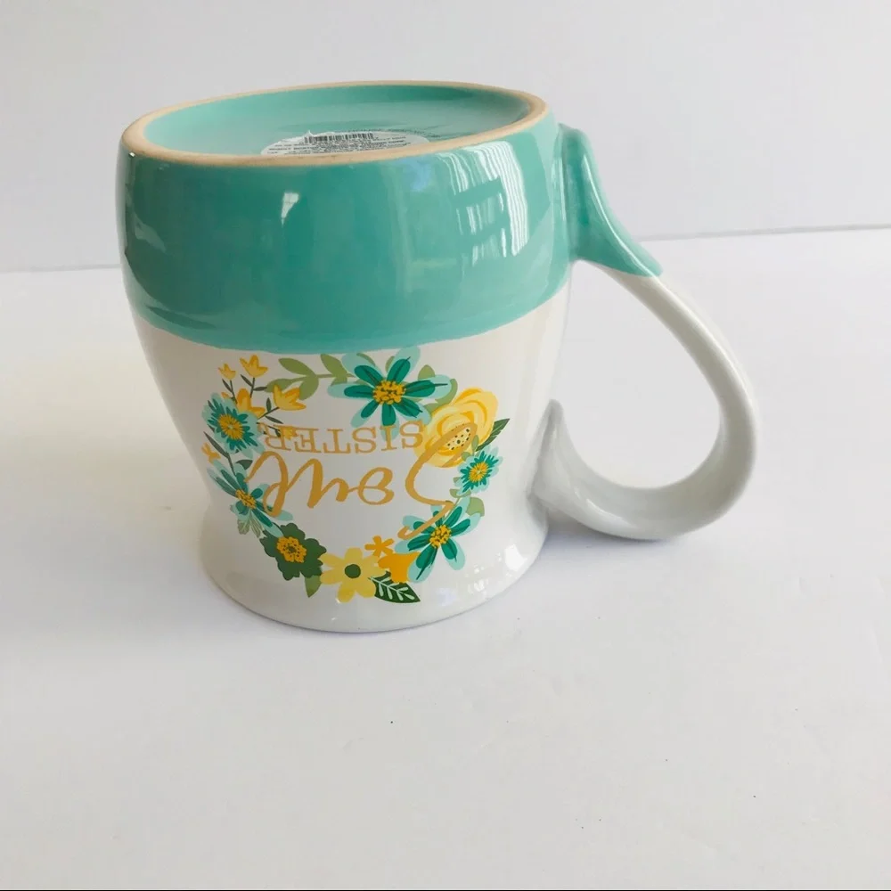 Boston Warehouse Soul Sister Belly Mug Floral Blue Green Cream Flowers Turquoise